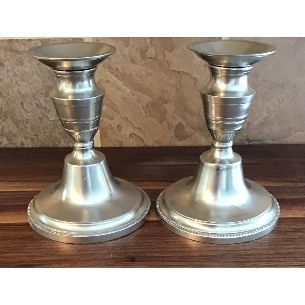 VTG Pewter Candlestick Holders Beaded Base 5.5" Cottagecore Hollywood Regeancy